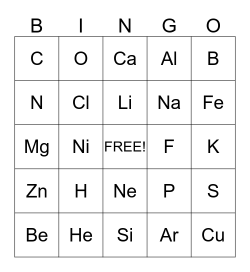 Periodic Table Bingo Card