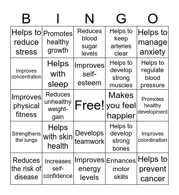 Benefits of Physical Activity Bingo Card