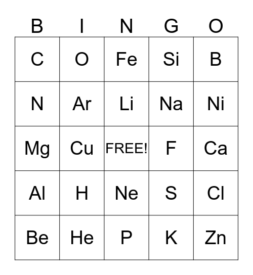 Periodic Table Bingo Card