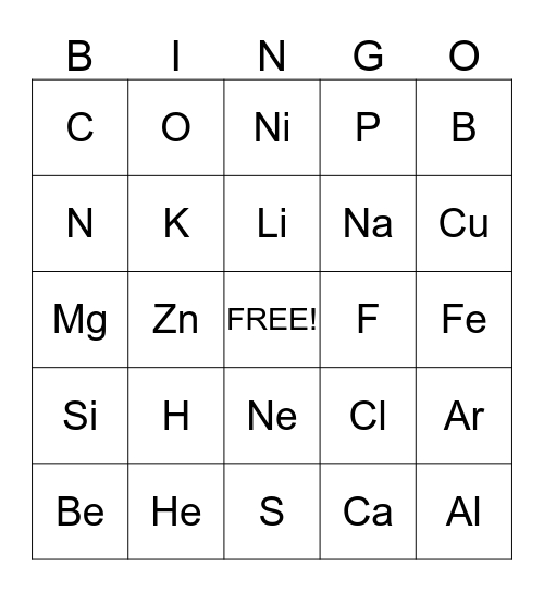 Periodic Table Bingo Card
