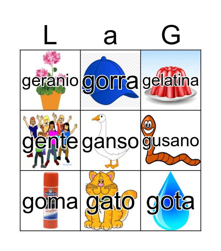 Palabras Con G Bingo Card