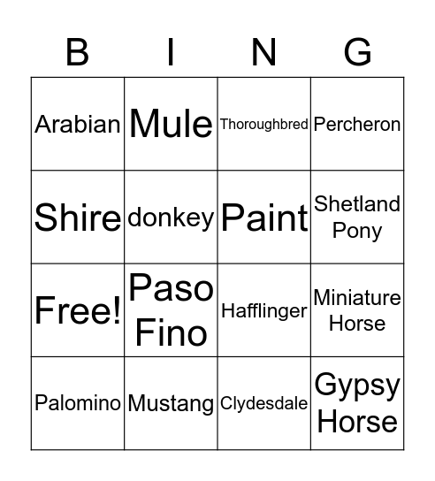 Horse Breeds Bingo Card