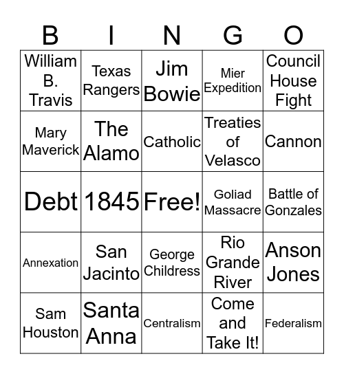 Texas Revolution and Republic Bingo Card