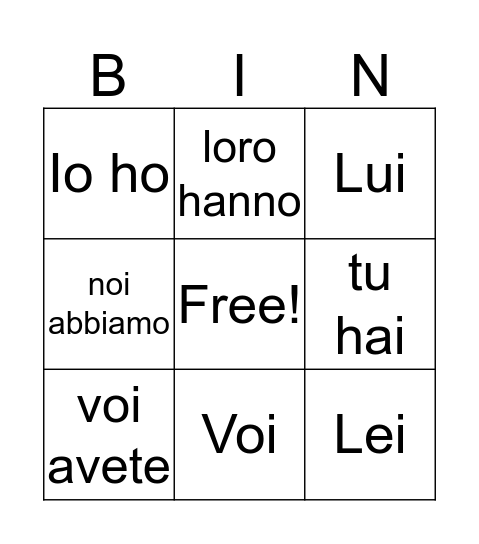 Subject Pronouns and AVERE Bingo Card