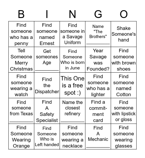 Savage's Get To Know You BINGO Card