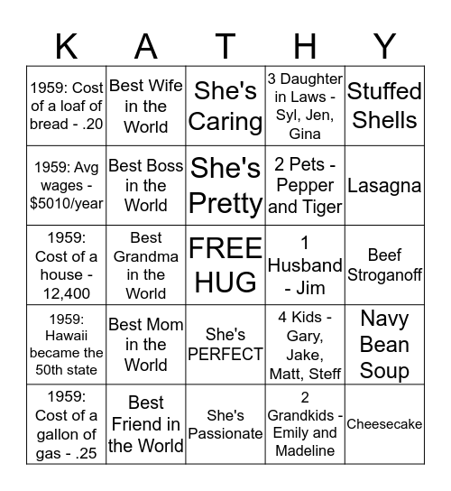 Kathy is Kissing her 50s Goodbye! Let's celebrate with a game of KATHY! Bingo Card