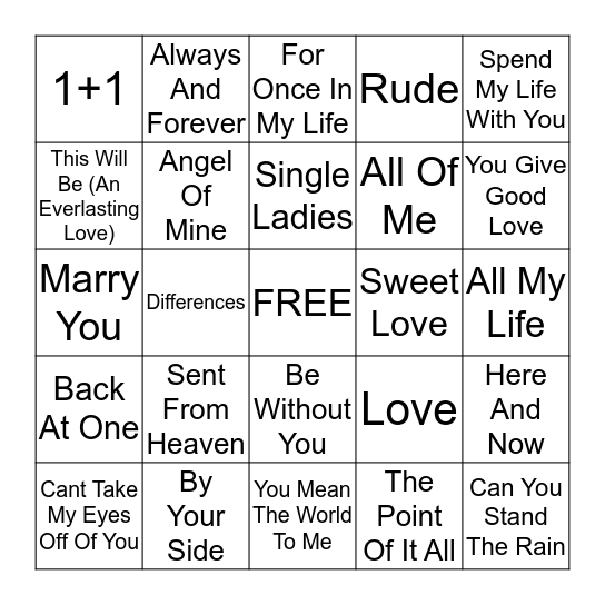 Wedding Playlist Bingo Card