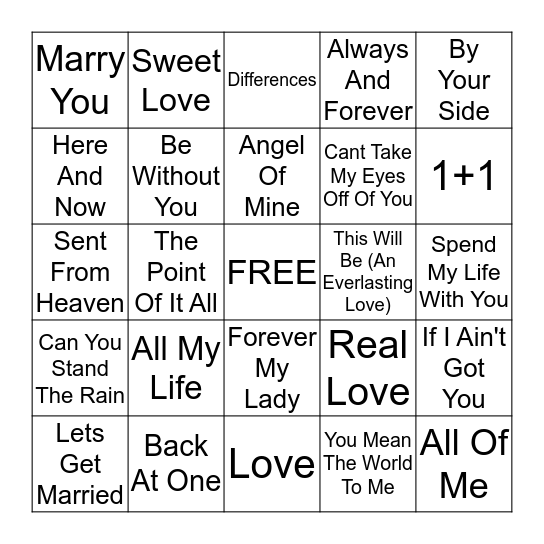 Wedding Playlist Bingo Card