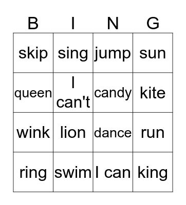 Actions Bingo Card