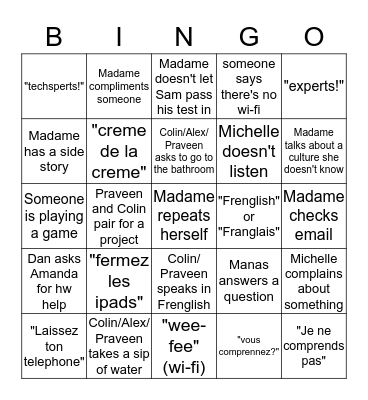 French Class Bingo 2 Bingo Card