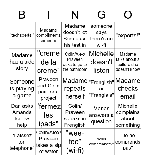 French Class Bingo 2 Bingo Card