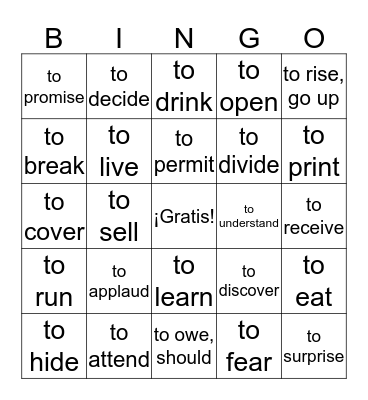 -ER/-IR Verbs Bingo Card