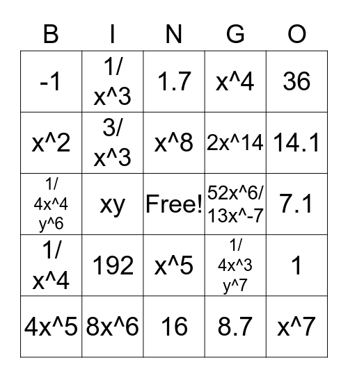 Exponent Bingo!  Bingo Card