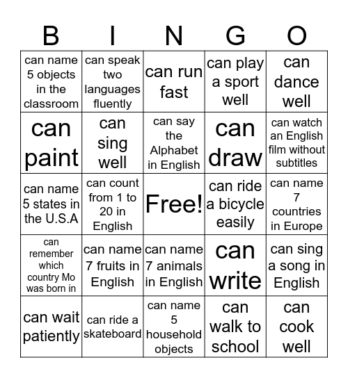 Can/Can't BINGO Card