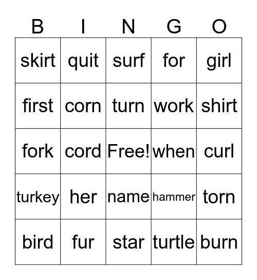 ar, or, ir, ur, er Bingo Card