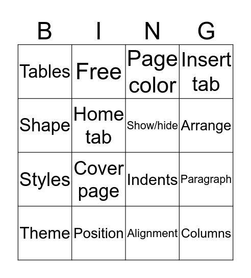 Microsoft Word Bingo Card