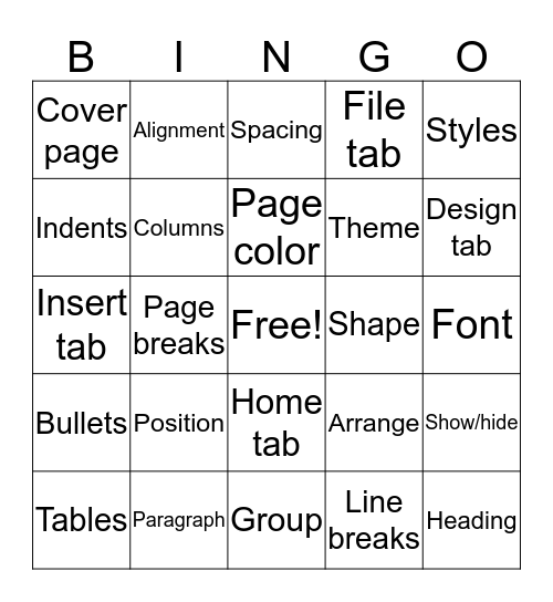 Microsoft Word Bingo Card