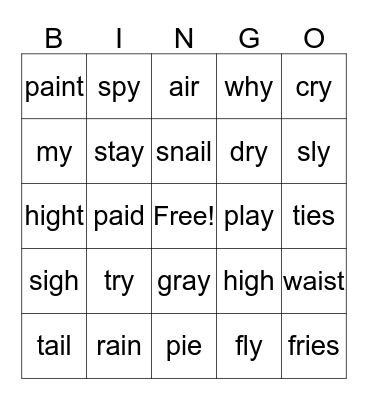 Long A & Long I Words Bingo Card
