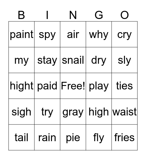 Long A & Long I Words Bingo Card