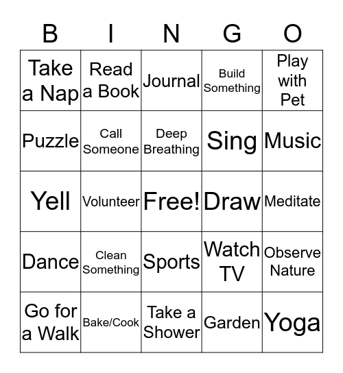 Coping Skills Bingo Card