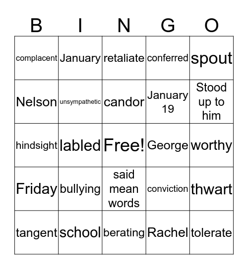 Week 9 Vocabulary Bingo Card