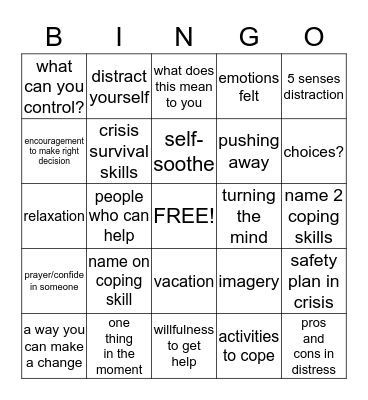 Distress Tolerance Skills Bingo Card