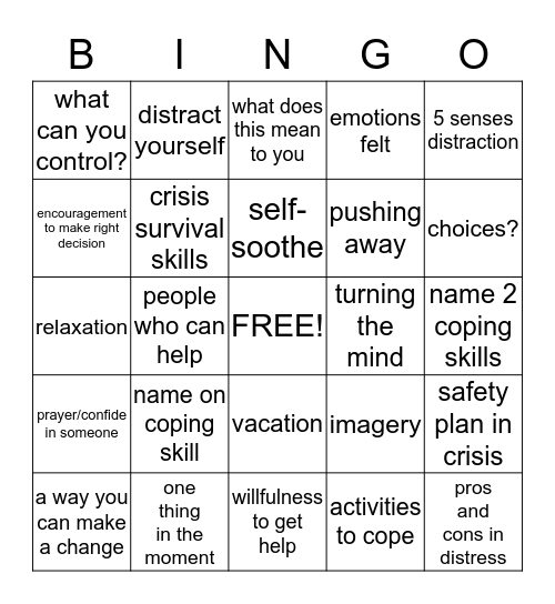 Distress Tolerance Skills Bingo Card