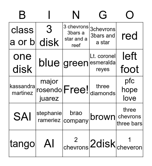 army bingo Card