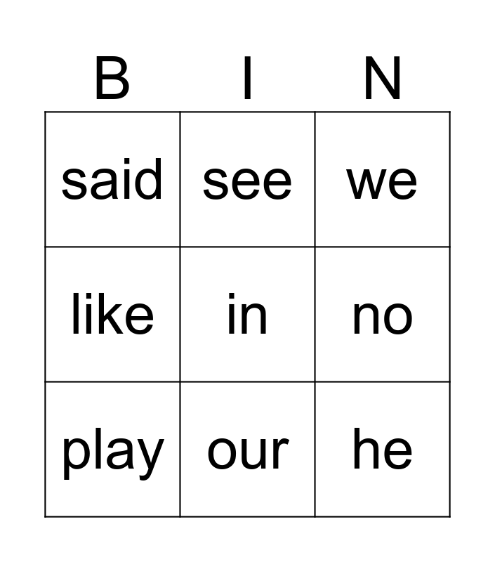 Core Word Bingo Card