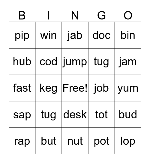 CVC/CVCC WORDS BINGO Card