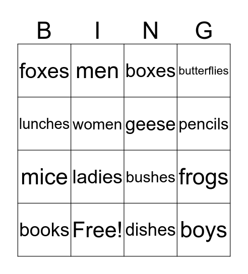 Plural Noun Bingo Card