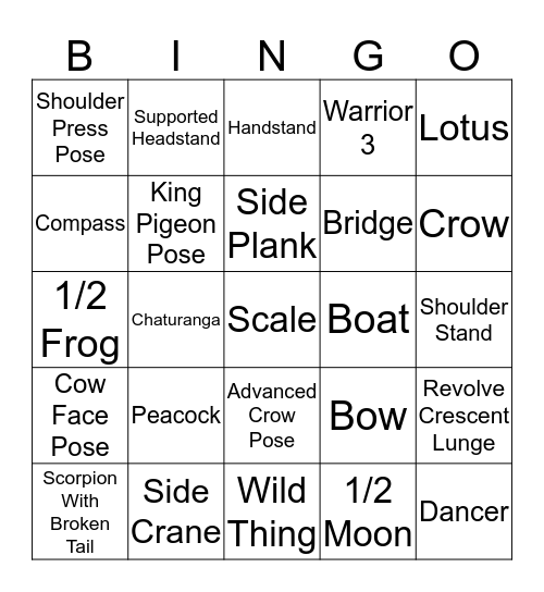 30 Day Yoga Challenge  Bingo Card