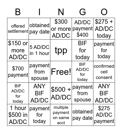 Today only Bingo Card