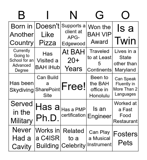 Booz Allen Bingo Card