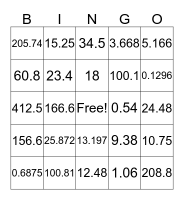 Decimal Multiplication Bingo Card