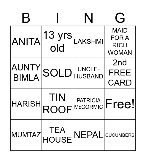 SOLD BINGO GAME Bingo Card