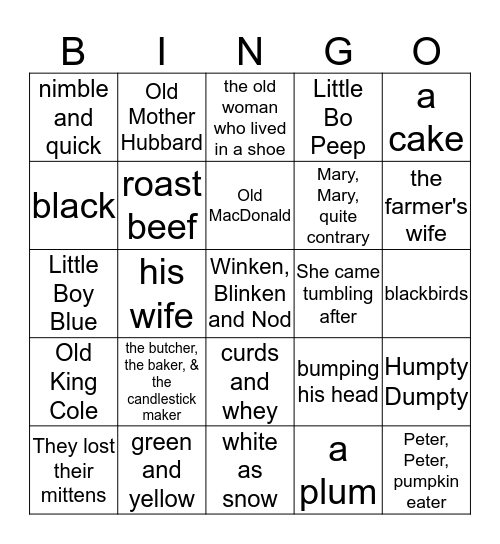 Nursery Rhyme Bingo Card