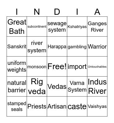 Ancient India Bingo Card