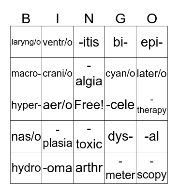 Medical Term Bingo Card