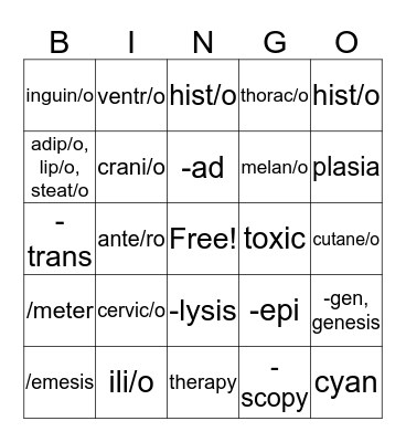 Medical terminology 1-4 Bingo Card
