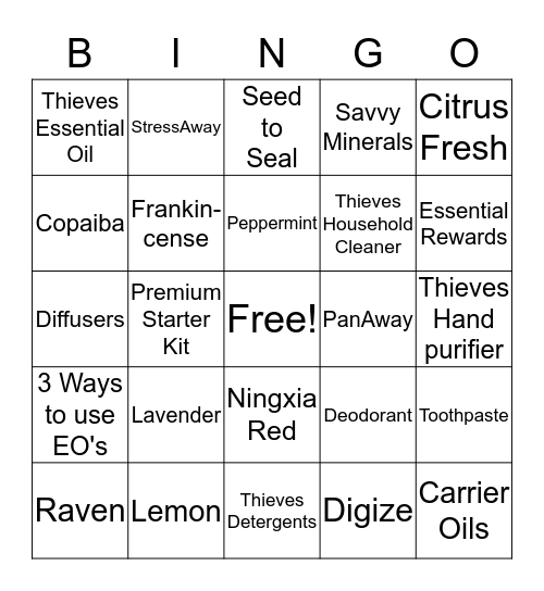 Young Living Essential Oil 101 Bingo Card