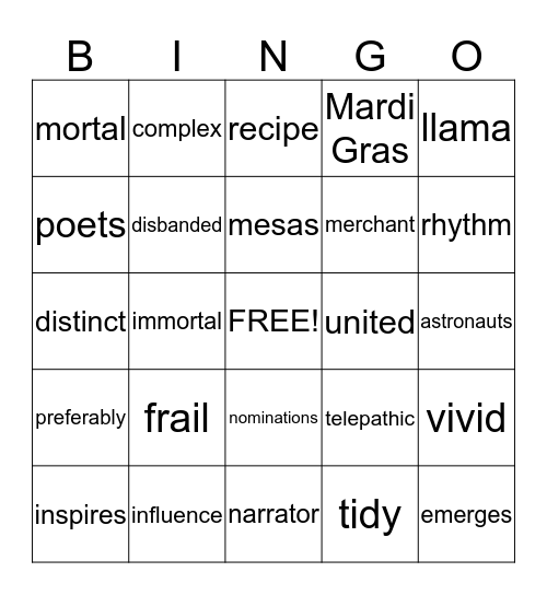 Vocab BINGO Card