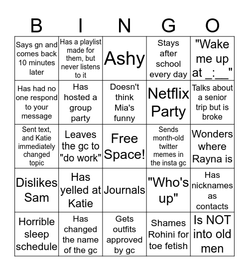 Eternal Friends Bingo Card