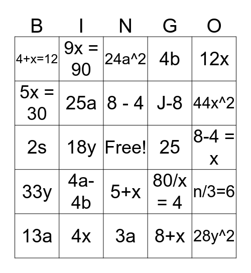 Expressions and Combine like terms Bingo Card