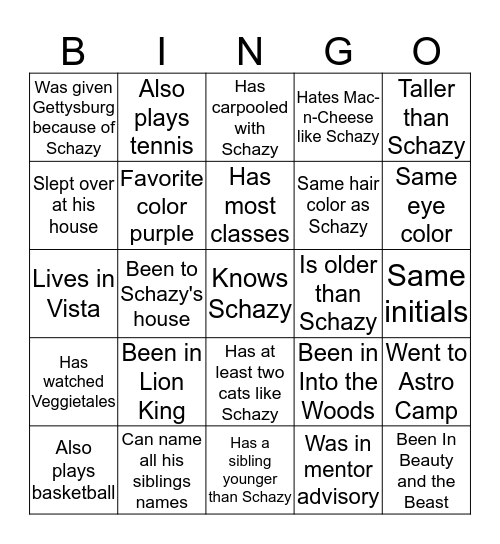 With Schazy Bingo Card