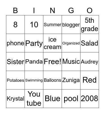 Krystal' s 11th Birthday Bingo Card