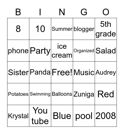 Krystal' s 11th Birthday Bingo Card