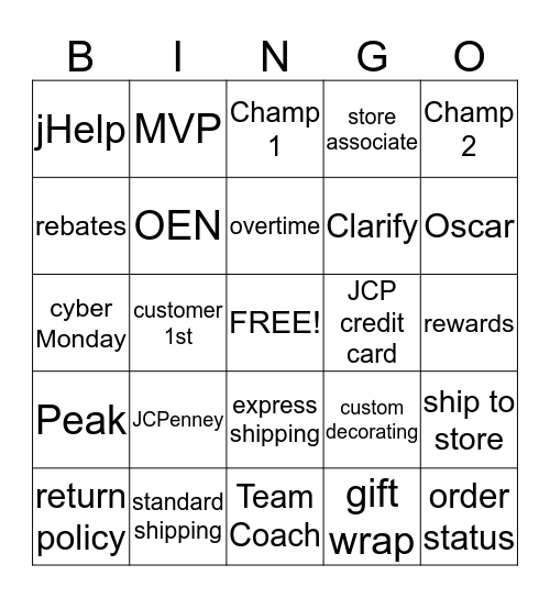 JCPenney Bingo Card