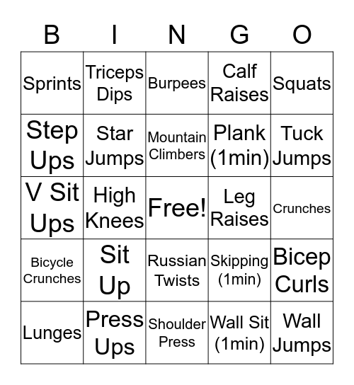 Fitness Bingo Card