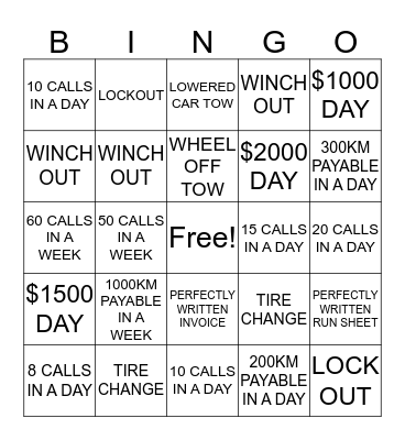 McCracken Towing Bingo Card